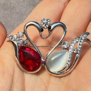 Lovebirds Brooch Double Swan Heart Design Red Clear Stones 2"